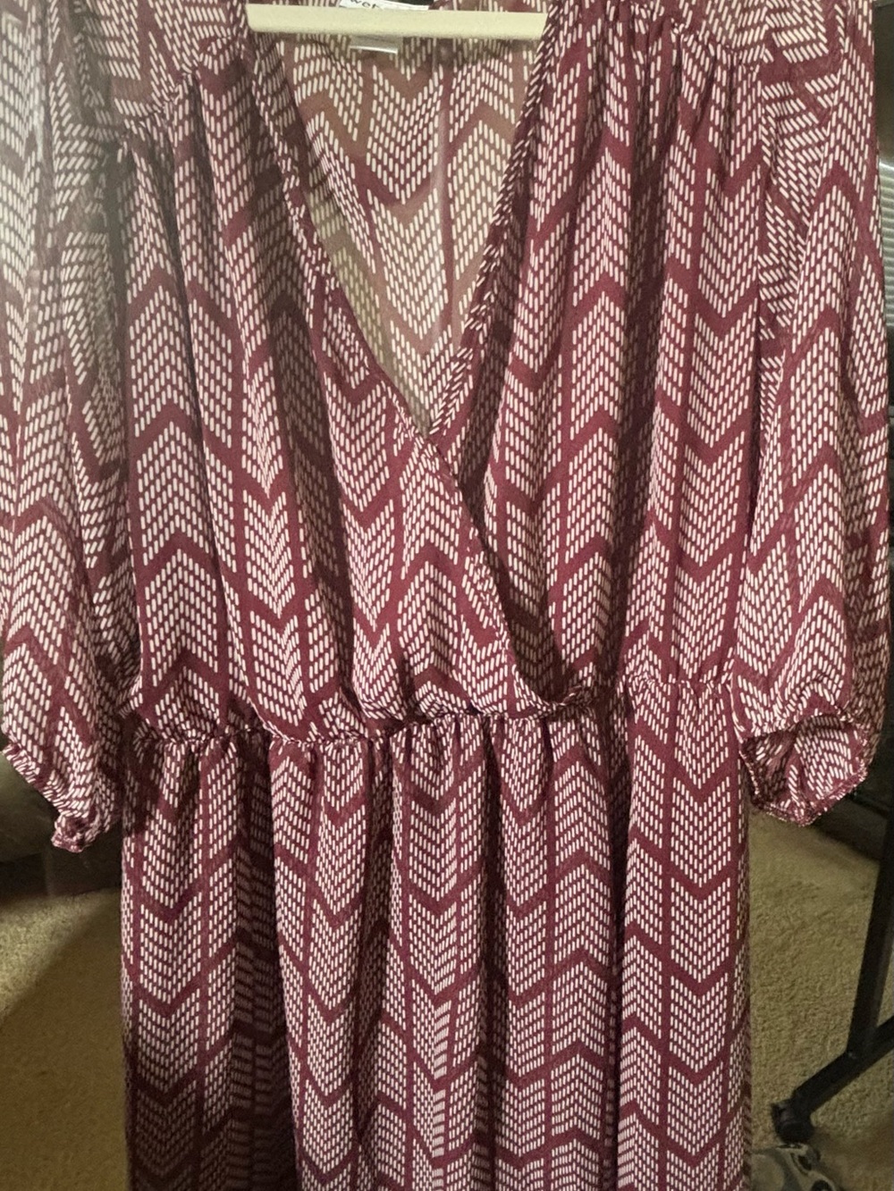Wet Seal Burgundy and White Patterned Wrap Midi Dress